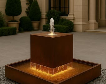 Modern Corten Steel Water Feature – Custom 30” Cube with 48” x 48” x 12” Basin
