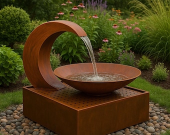Custom Corten Steel Garden Fountain – Sculptural Outdoor Water Feature | 39&quot; Rust Bowl with Arc |40&quot;L x 40&quot;W x 38&quot;H Handmade Landscape Decor