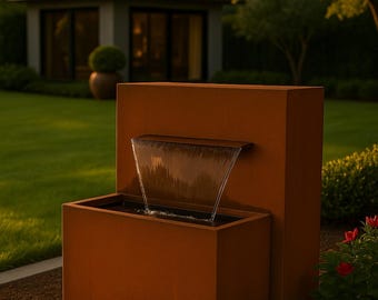 Moderner Wasserfall-Brunnen aus Cortenstahl: Gerostetes Metall-Gartendekor