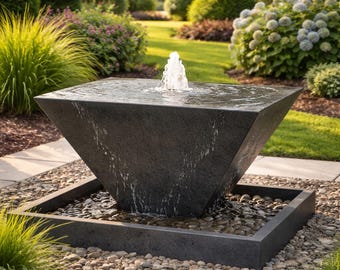 モダンな逆ピラミッド型噴水 - マットブラックスチール製屋外用
