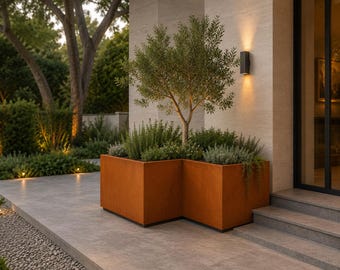 L-Shaped Corten Steel Planter: Weathered Metal Raised Garden Bed
