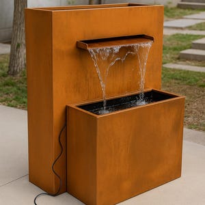Modern Custom Made Corten Steel Water Feature-Single Spout with Top Planter