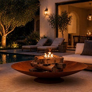 May include: A glowing fire pit with burning logs sits in the foreground. The fire pit is a large, round, rusty-orange metal bowl. Behind it is a seating area with a beige sofa and dark pillows. The scene is lit by warm, ambient lighting.