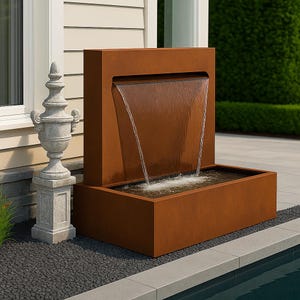 Fontaine cascade moderne en acier corten - Élément d&#39;eau extérieur rouille pour décoration de jardin, de terrasse ou de bord de piscine