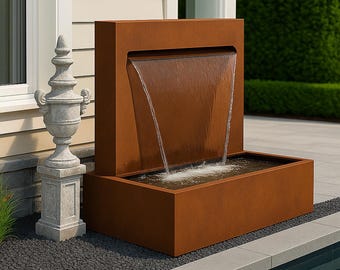 Modern Corten Steel Waterfall Fountain – Outdoor Rust Water Feature for Garden, Patio & Poolside Decor