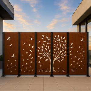 Tree of Life Privacy Screen | Corten Steel Outdoor Panel with Birds and Leaves | Garden Divider | Custom Sizes Available – Made in USA