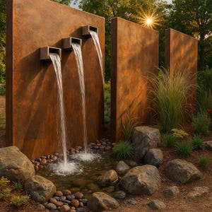 Custom Corten Steel Water Wall Fountain with Triple Spouts – Modern Outdoor Design, Natural Rust Finish