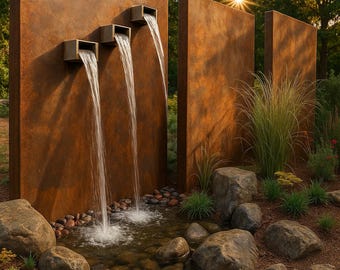 Custom Corten Steel Water Wall Fountain with Triple Spouts – Modern Outdoor Design, Natural Rust Finish