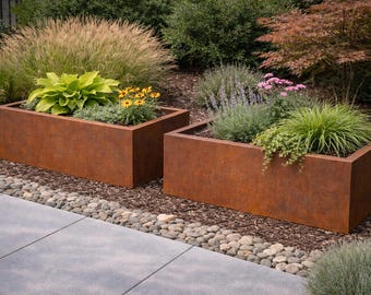 大型コルテン鋼プランター - モダンな長方形の屋外用プランターボックス