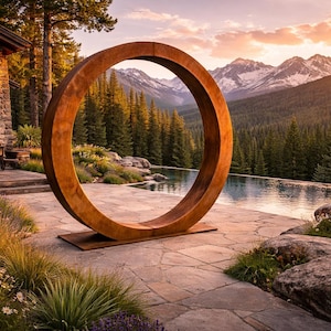 May include: A large, circular, rusty-brown metal sculpture stands on a stone patio, framing a view of a mountain range and a pool. The sculpture is the focal point, with a backdrop of trees and a sunset sky.