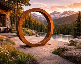 モダンなコルテン鋼のリング彫刻 - 景観、プール、建築空間のための高級屋外ガーデンアート