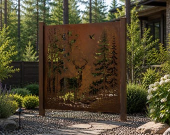 Architectural Corten Steel Privacy Screen | Luxury Deer Laser Cut Metal Panel | Woodland Collection