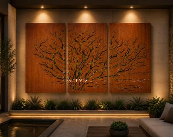 Juniper Tree Corten Steel Privacy Panel, Laser Cut Outdoor Wall Art, Modern Patio Screen