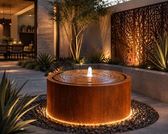 Modern Corten Steel Water Fountain | Round Outdoor Water Feature | Handmade in the USA