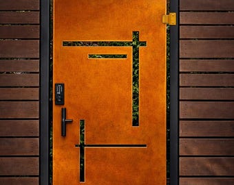 モダンなコルテン鋼製ゲート – 幾何学的なレーザーカットデザイン | カスタムメタルエントリーゲート