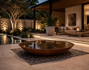 Corten Steel Water Fountain Bowl: Modern Garden Sculpture with Rust Patina