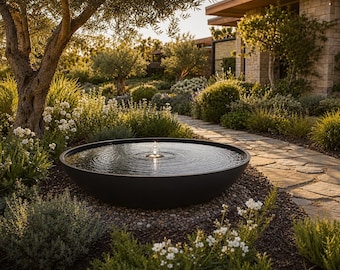 Black Powder Coated Steel Round Fountain Bowl, Modern Outdoor Water Feature