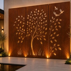 Custom Metal Outdoor Privacy Screen: Tree & Birds Panel