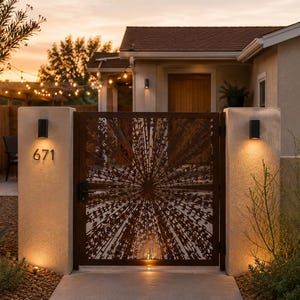May include: A rectangular metal gate featuring a laser-cut sunburst pattern in a dark rust finish. The gate is mounted between two stucco pillars, with the house number 671 displayed in black numerals on the left pillar, illuminated by wall lights.