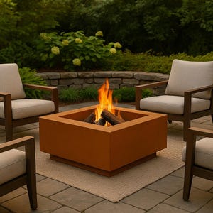 May include: A square fire pit made of rusted metal with a roaring fire inside. The fire pit is surrounded by four chairs on a patio.