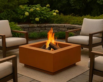 Modern Corten Steel Square Fire Pit: Low Profile Patio Bowl