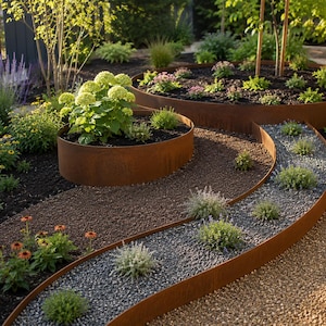 Könnte beinhalten: Eine Gartenlandschaft mit geschwungenen, rostigen Metallkanten, die Kieswege von erhöhten Pflanzbeeten trennen. Die Beete enthalten grüne Hortensien, kleine Sträucher und dunklen Rindenmulch, während die Wege mit grauem und braunem Kies gefüllt sind.
