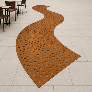 May include: A decorative, winding pathway made of rust-colored metal panels with numerous circular cutouts. The pathway is set on a light-colored tiled floor, with tables and chairs visible in the background.