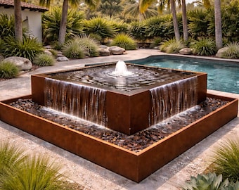 モダンなコルテン鋼のスクエア型オーバーフロー噴水 - 屋外用