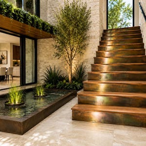 May include: A staircase with metallic copper-toned risers and wooden treads, positioned next to a rectangular indoor water feature containing aquatic plants, set against a textured stone wall with an indoor tree and greenery.