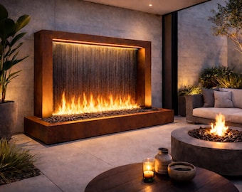 特注コルテン鋼製ウォーターフィーチャー（直線状の炎付き）、モダンな屋外滝噴水