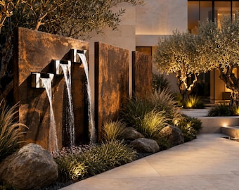 Triple Spout Corten Steel Wall Fountain | Modern Rusted Garden Water Feature