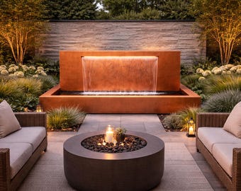 モダンなソリッド銅製噴水 - 反射プールを備えた豪華な屋外滝