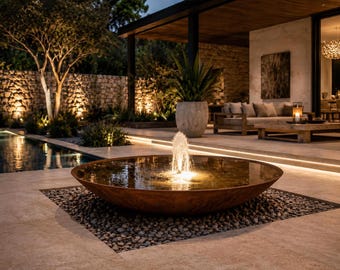 Corten Steel Water Fountain Bowl: Modern Garden Sculpture with Rust Patina