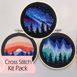 Multi-Pack KIT: Artistic Sky 5" Counted Cross Stitch Kit, DIY X-Stitch Art, Nature Crafts, Milky Way, Northern Lights, and Mountain Sunset