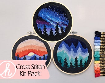 Multi-Pack KIT: Artistic Sky 5" Counted Cross Stitch Kit, DIY X-Stitch Art, Nature Crafts, Milky Way, Northern Lights, and Mountain Sunset