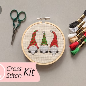 Beginner KIT: Christmas Gnomes 4" Counted Cross Stitch, DIY Cross Stitch Art, Xmas Ornament