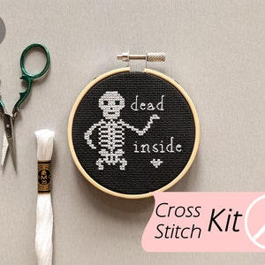 Beginner KIT: Dead Inside 3" Counted Cross Stitch, DIY Cross Stitch Art, Goth Wall Hanging Craft