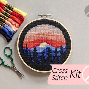 KIT: Mountain Sunset 5" Counted Cross Stitch, DIY Cross Stitch Art, Sunrise, Nature Scene Craft