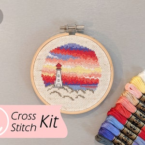 KIT: Lighthouse Sunset 4" Counted Cross Stitch, DIY Cross Stitch Art, Sunrise, Peggy's Cove Art, Ocean Scene Modern X-Stitch