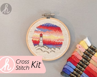 KIT: Lighthouse Sunset 4" Counted Cross Stitch, DIY Cross Stitch Art, Sunrise, Peggy's Cove Art, Ocean Scene Modern X-Stitch