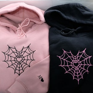 Spider Web Couples Matching Valentine's Embroidered Hoodie, Custom Initial Heart Crewneck, Anniversary Gift, Personalized Heart Name Sleeve