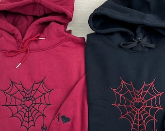 Custom Heart Spiderweb Embroidred Couple Hoodie, Matching Valentine's Day Crewneck, Personalized Initials Sleeve, Valenines Gift for Him Her