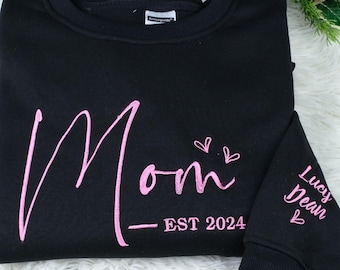 Custom Mama Embroidered Sweatshirt, Personalized Mom Hoodie With Kids Names Sleeve, Pregnancy Announcement, Birthday Gift, Mothers Day Gift