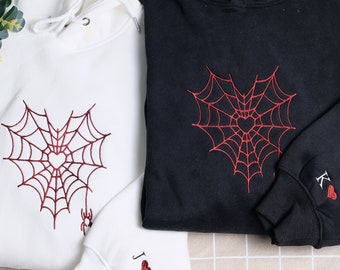 Custom Embroidered Couple Matching Sweatshirt or Hoodie, Personalized Couples Gift, Cute Shirt, Heart Spider personalized with Initials