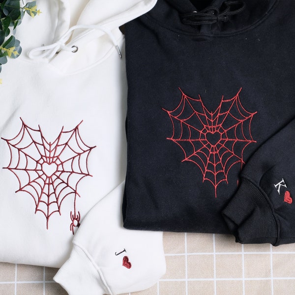 Custom Embroidered Couple Matching Sweatshirt or Hoodie, Personalized Couples Gift, Cute Shirt, Heart Spider personalized with Initials