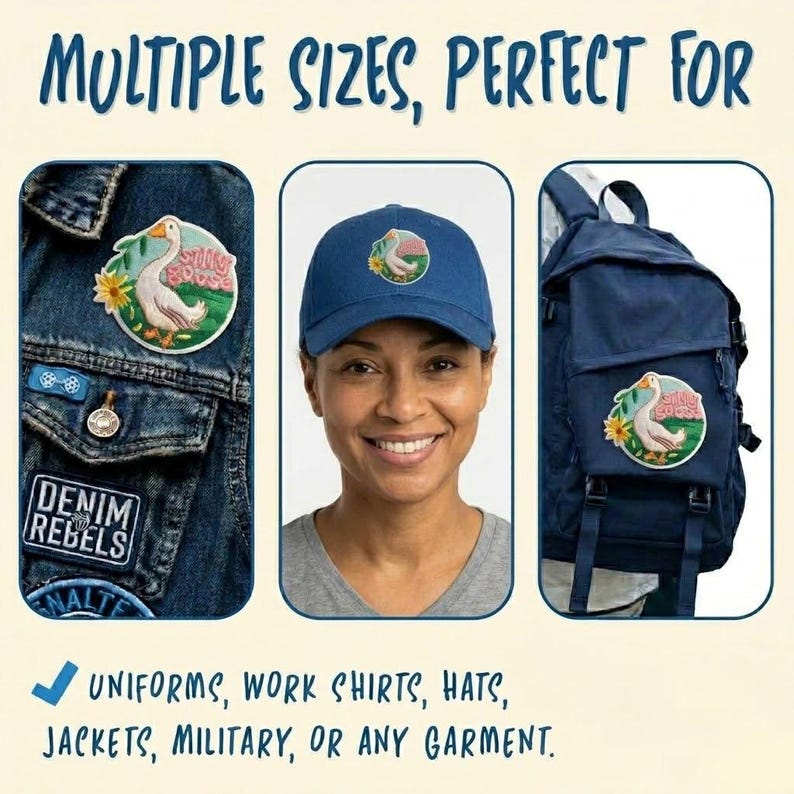 Op de afbeelding: De afbeelding toont een patch met een ganzenontwerp, weergegeven op een spijkerjasje, een blauwe pet en een rugzak. De patch heeft een witte gans, een gele bloem en de tekst "Silly Goose". De tekst "MULTIPLE SIZES, PERFECT FOR" staat bovenaan en de tekst "UNIFORMS, WORK SHIRTS, HATS, JACKETS, MILITARY, OR ANY GARMENT" staat onderaan.