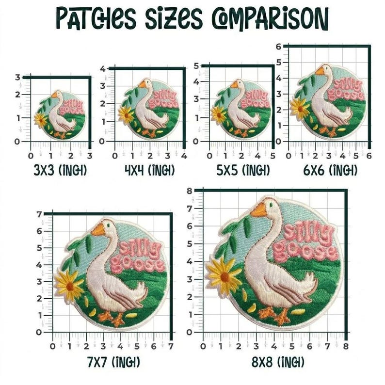 Op de afbeelding: Een vergelijkingstabel van geborduurde patches met een ganzenontwerp. De patches vari&euml;ren in grootte van 7,6 cm x 7,6 cm tot 20,3 cm x 20,3 cm. Elke patch heeft een witte gans, een gele bloem en de woorden "Silly Goose".