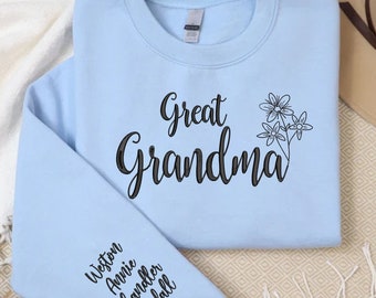 Custom Wildflower Great Grandma Sweatshirt with Kids Name on Sleeve, Personalized Great Grandma Embroidered Sweatshirt, Gift from Grandkids