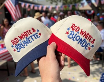 Red White Blonde Brunette Embroidered Hat, Patriotic Women 4th of July USA American Anniversary Cap