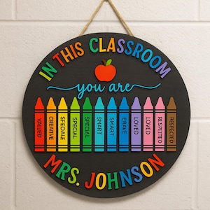 Personalized Teacher Door Sign, Crayon Classroom Door Decor, Apple Door Hanger, Teacher Welcome Signs, Custom Name Sign, Back to School Gift